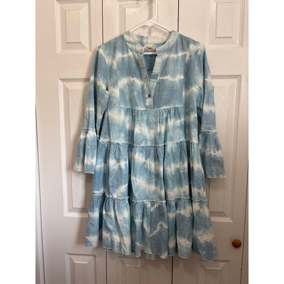 Faherty Faded Blue Vida Shibori Tie Dye Tiered Organic Cotton Dress XS - Picture 2 of 9